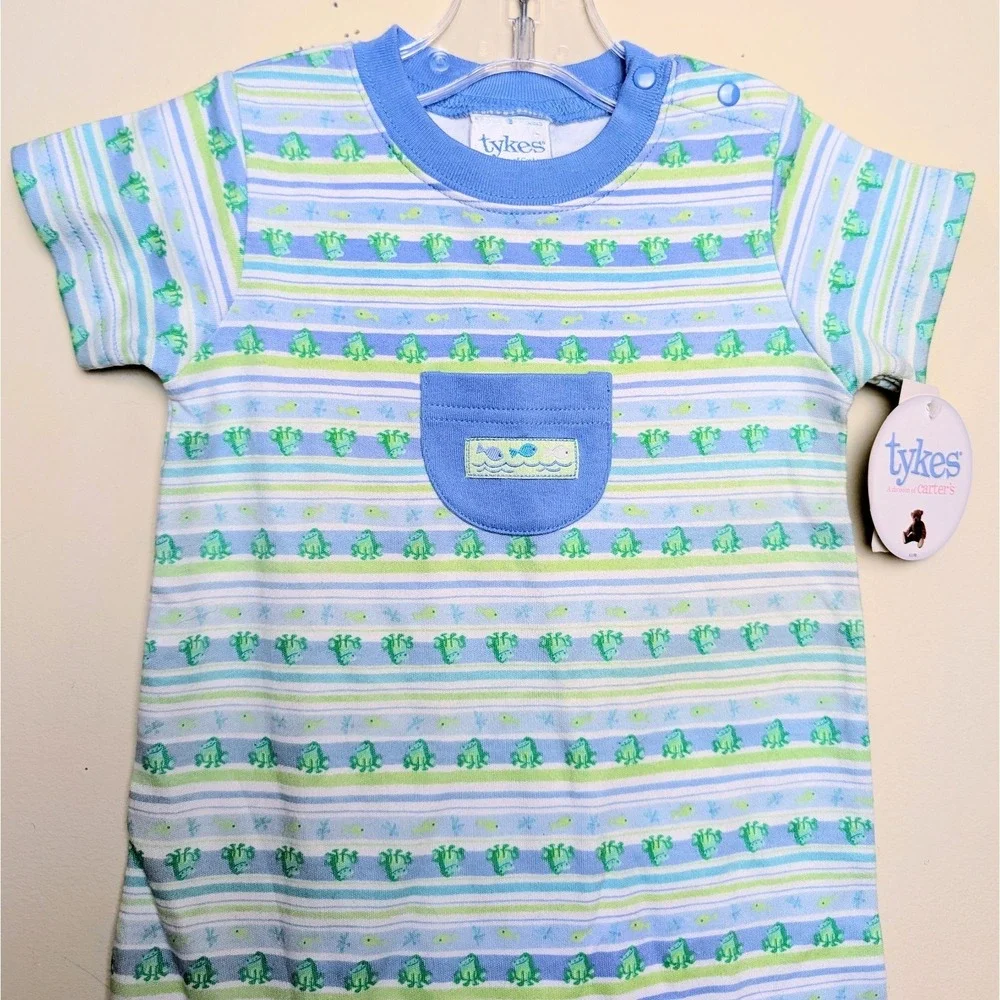 Vintage Tykes Division Carters Fish Frog Blue Striped Romper‎ Baby 3-6M NWT